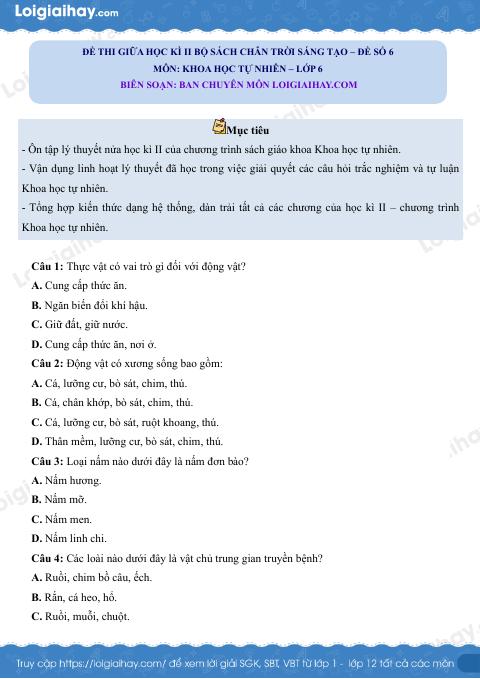 Đề thi giữa học kì 2 KHTN 6 Chân trời sáng tạo - Đề số 6